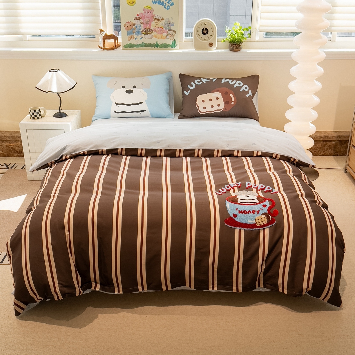 91家纺网 家纺一手货源 找家纺 （总）呗旺鹿 2025新款全棉纯棉卡通大版数码毛巾绣工艺款茶杯小狗四件套