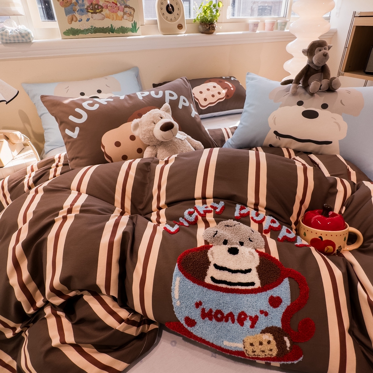 91家纺网 家纺一手货源 找家纺 （总）呗旺鹿 2025新款全棉纯棉卡通大版数码毛巾绣工艺款茶杯小狗四件套