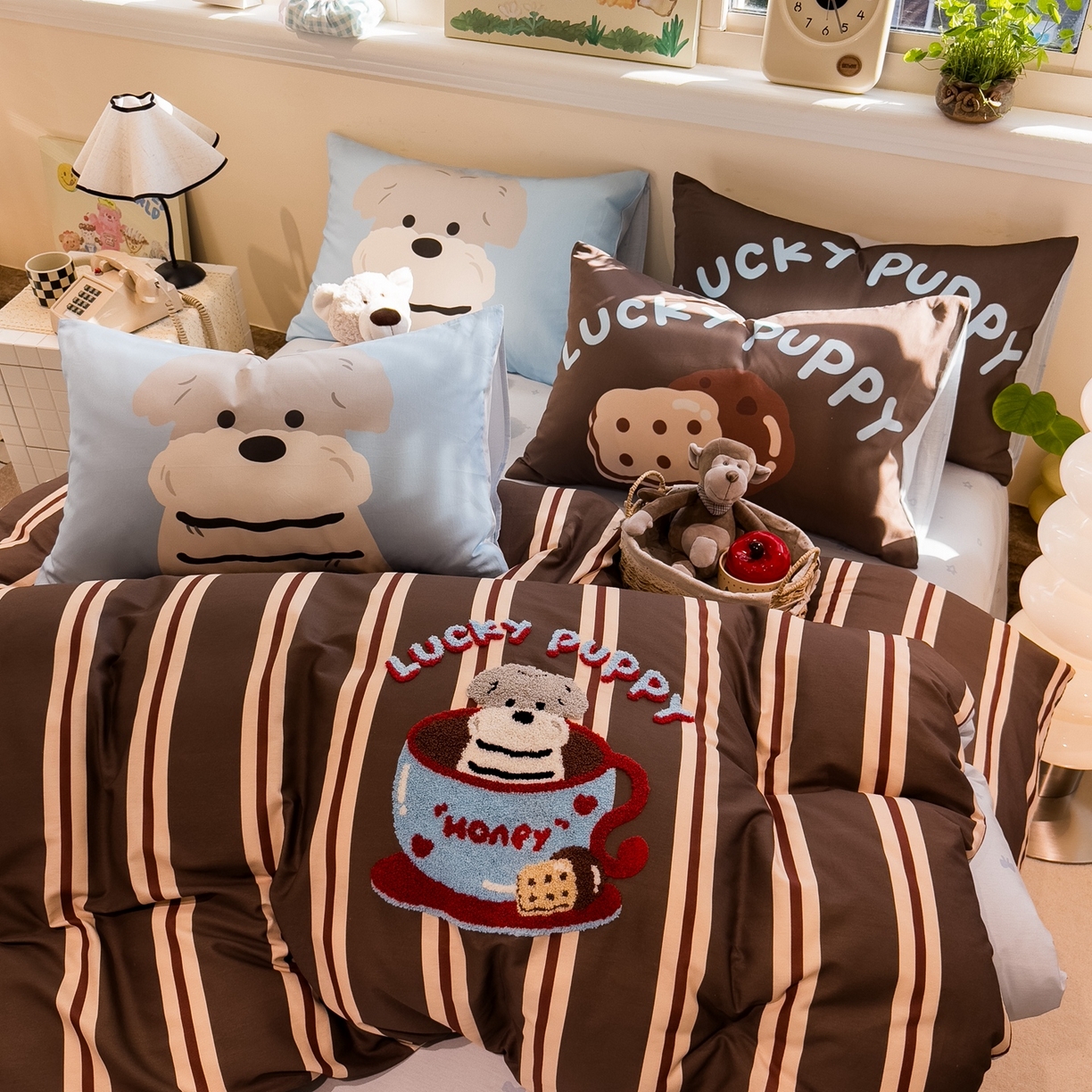 91家纺网 家纺一手货源 找家纺 （总）呗旺鹿 2025新款全棉纯棉卡通大版数码毛巾绣工艺款茶杯小狗四件套