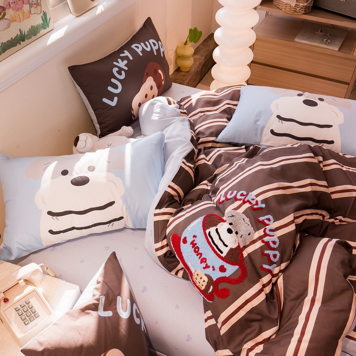 91家纺网 家纺一手货源 找家纺 （总）呗旺鹿 2025新款全棉纯棉卡通大版数码毛巾绣工艺款茶杯小狗四件套