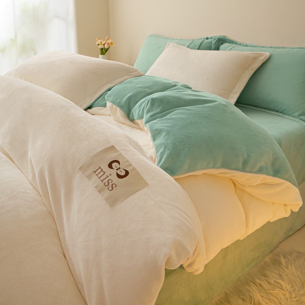 91家纺网 家纺一手货源 找家纺 鑫琪莱家纺 2025新款高克重牛奶绒双拼四件套 银鱼白嫩荷绿