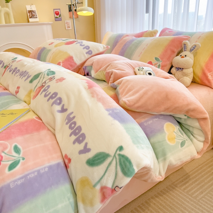 91家纺网 家纺一手货源 找家纺 印季家纺 2025新款加厚印花保暖牛奶绒四件套 彩虹桥