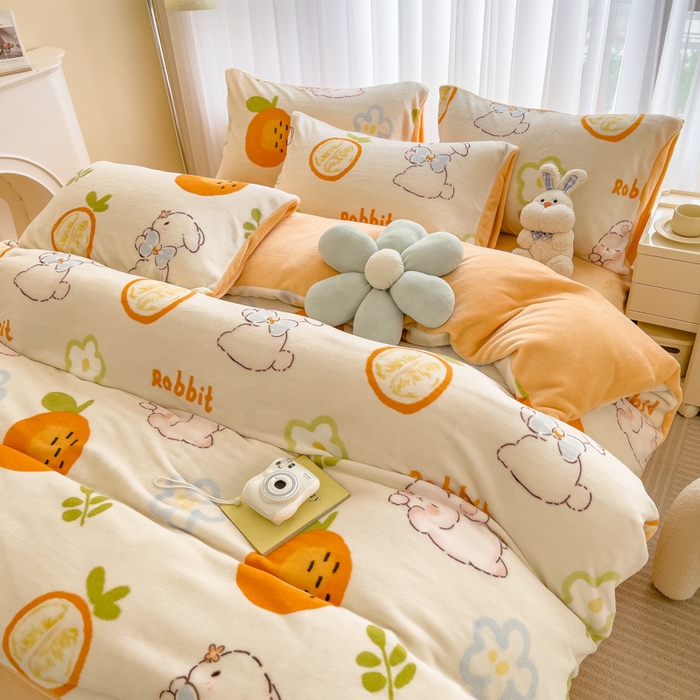 91家纺网 家纺一手货源 找家纺 印季家纺 2025新款加厚印花保暖牛奶绒四件套 橙小兔