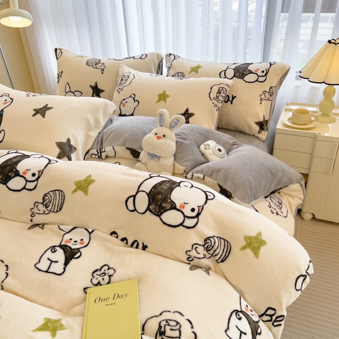 91家纺网 家纺一手货源 找家纺 印季家纺 2025新款加厚印花保暖牛奶绒四件套 蜂蜜罐