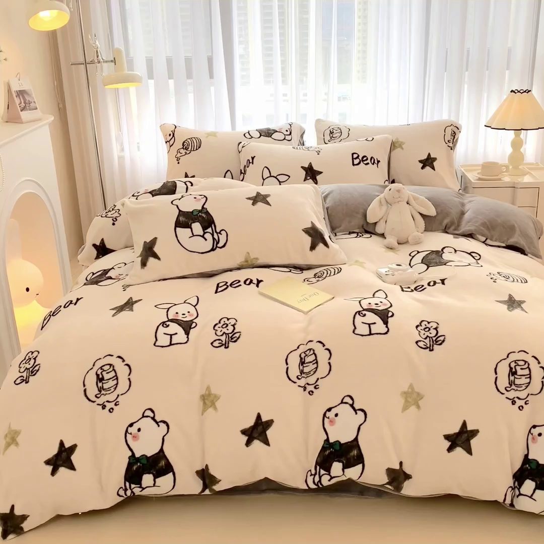 91家纺网 家纺一手货源 找家纺 印季家纺 2025新款加厚印花保暖牛奶绒四件套 蜂蜜罐