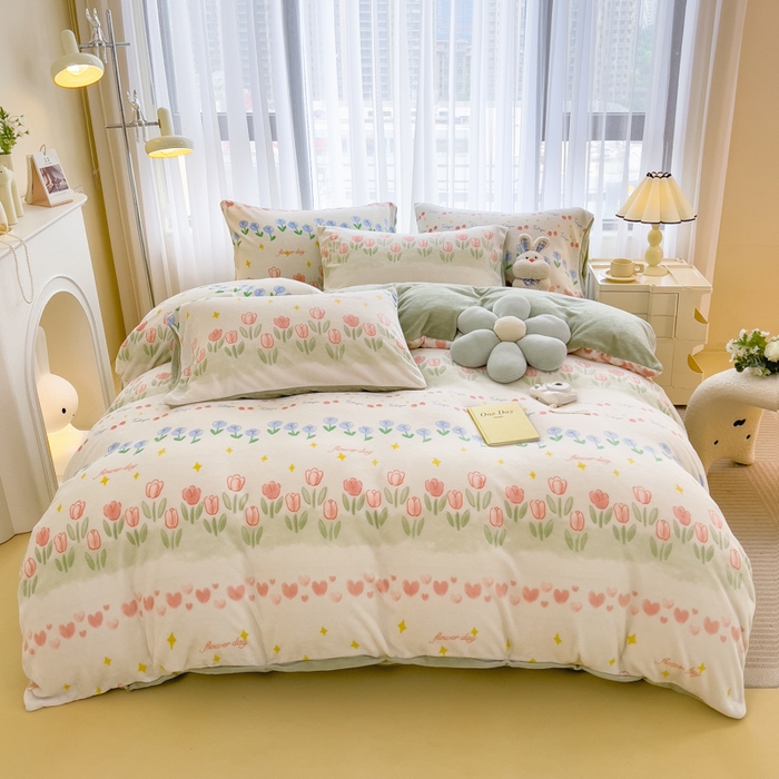 91家纺网 家纺一手货源 找家纺 印季家纺 2025新款加厚印花保暖牛奶绒四件套 花园集市