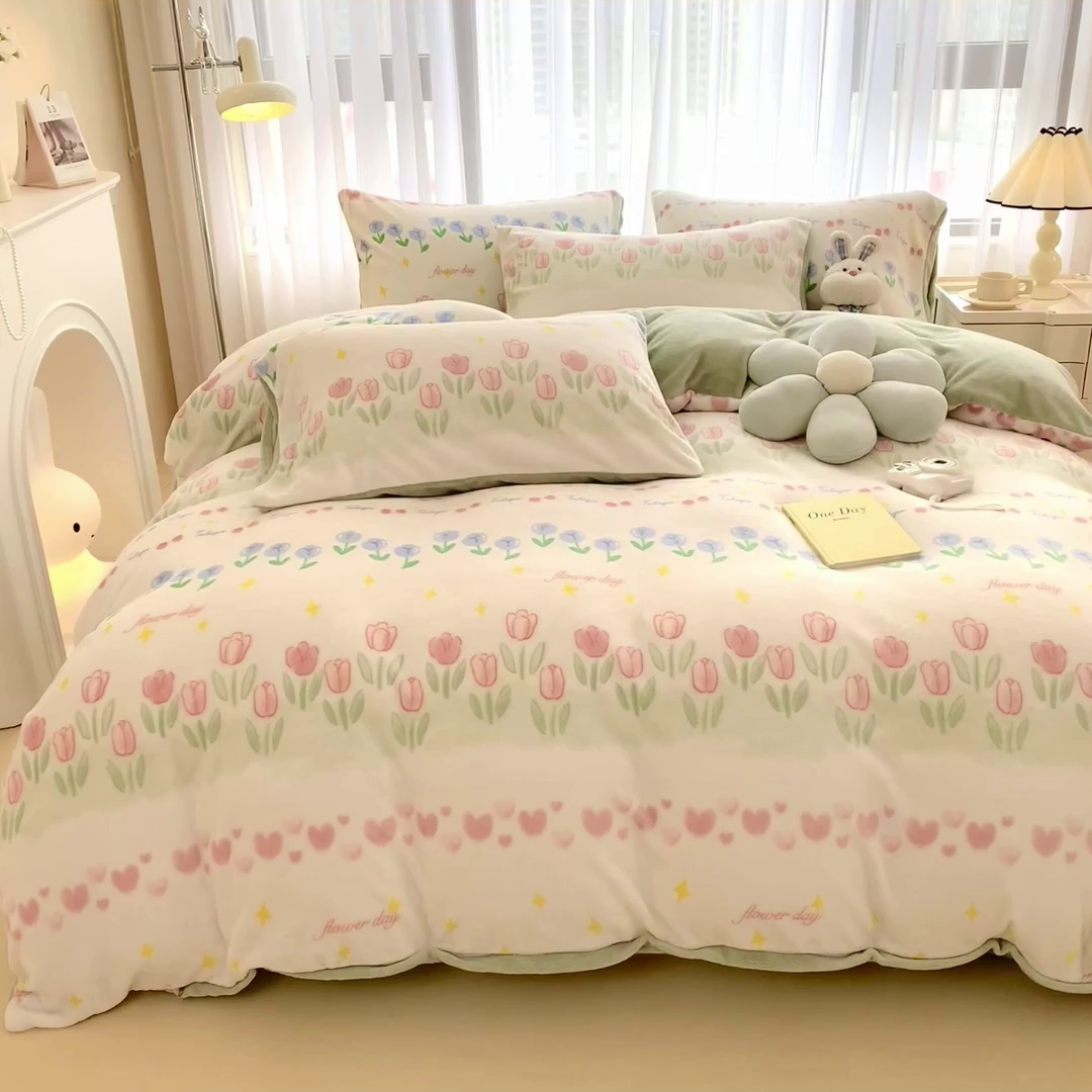 91家纺网 家纺一手货源 找家纺 印季家纺 2025新款加厚印花保暖牛奶绒四件套 花园集市