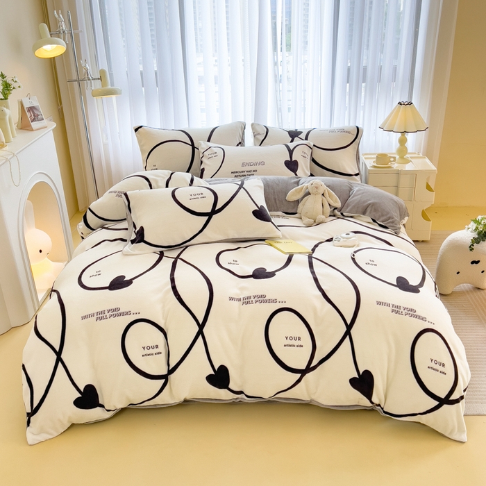 91家纺网 家纺一手货源 找家纺 印季家纺 2025新款加厚印花保暖牛奶绒四件套 绘心-米