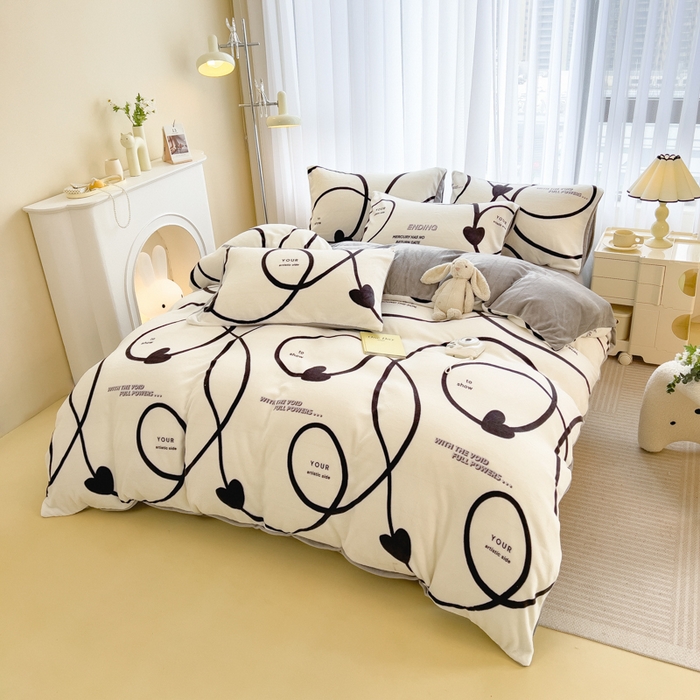 91家纺网 家纺一手货源 找家纺 印季家纺 2025新款加厚印花保暖牛奶绒四件套 绘心-米