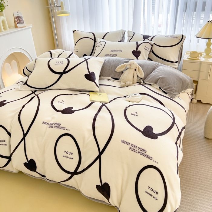 91家纺网 家纺一手货源 找家纺 印季家纺 2025新款加厚印花保暖牛奶绒四件套 绘心-米