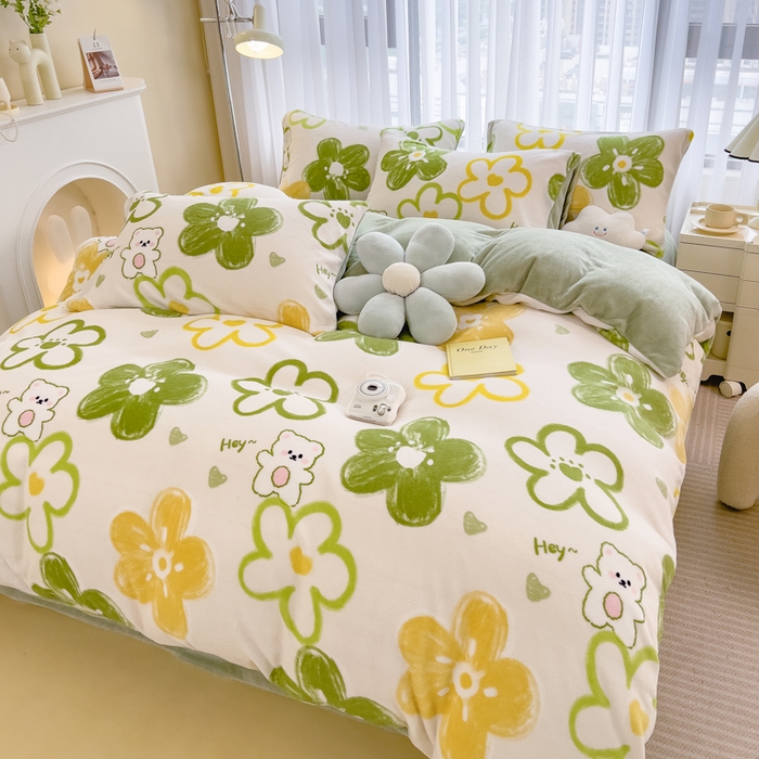 91家纺网 家纺一手货源 找家纺 印季家纺 2025新款加厚印花保暖牛奶绒四件套 绿山墙