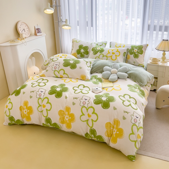 91家纺网 家纺一手货源 找家纺 印季家纺 2025新款加厚印花保暖牛奶绒四件套 绿山墙