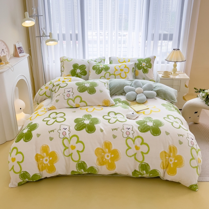 91家纺网 家纺一手货源 找家纺 印季家纺 2025新款加厚印花保暖牛奶绒四件套 绿山墙