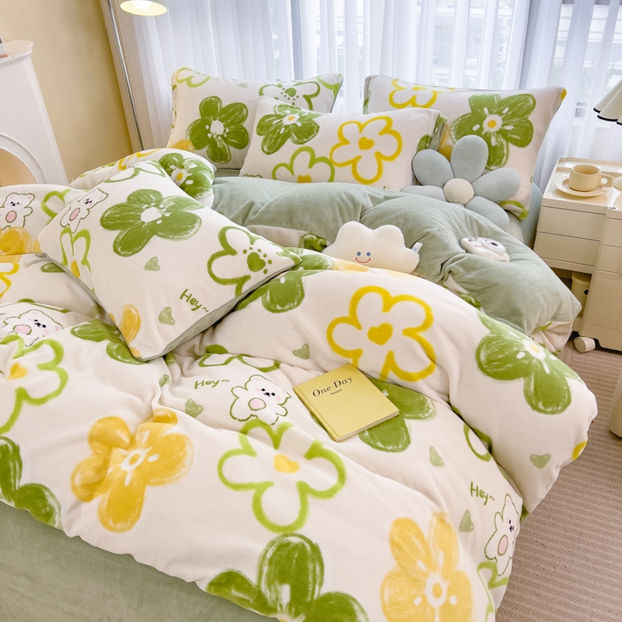 91家纺网 家纺一手货源 找家纺 印季家纺 2025新款加厚印花保暖牛奶绒四件套 绿山墙