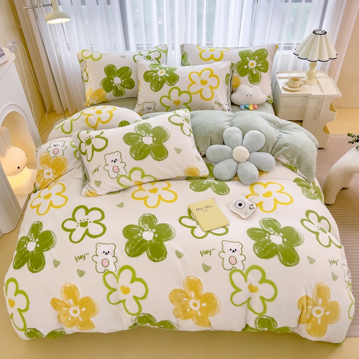 91家纺网 家纺一手货源 找家纺 印季家纺 2025新款加厚印花保暖牛奶绒四件套 绿山墙