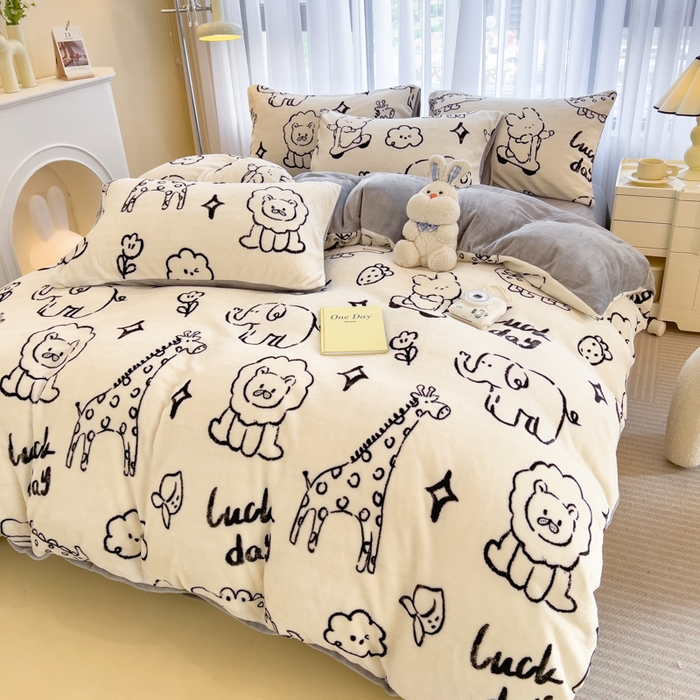 91家纺网 家纺一手货源 找家纺 印季家纺 2025新款加厚印花保暖牛奶绒四件套 马戏团-米