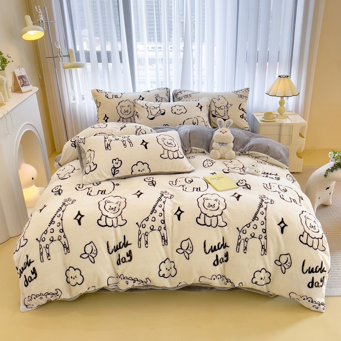 91家纺网 家纺一手货源 找家纺 印季家纺 2025新款加厚印花保暖牛奶绒四件套 马戏团-米