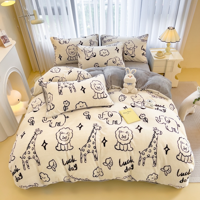 91家纺网 家纺一手货源 找家纺 印季家纺 2025新款加厚印花保暖牛奶绒四件套 马戏团-米