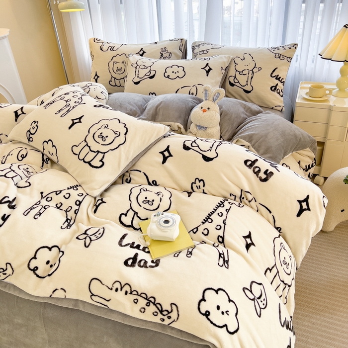 91家纺网 家纺一手货源 找家纺 印季家纺 2025新款加厚印花保暖牛奶绒四件套 马戏团-米