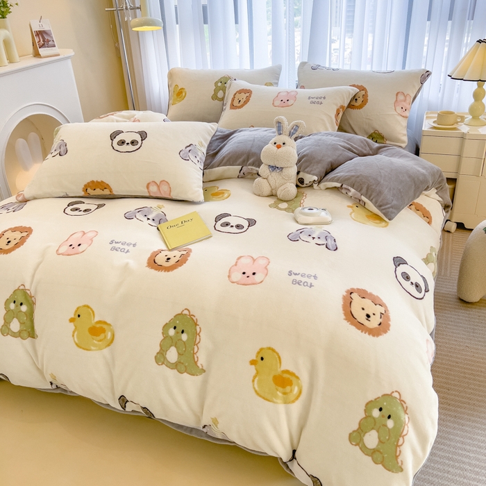 91家纺网 家纺一手货源 找家纺 印季家纺 2025新款加厚印花保暖牛奶绒四件套 萌物