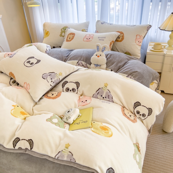 91家纺网 家纺一手货源 找家纺 印季家纺 2025新款加厚印花保暖牛奶绒四件套 萌物