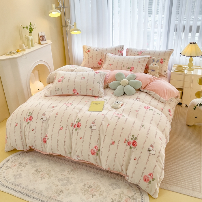 91家纺网 家纺一手货源 找家纺 印季家纺 2025新款加厚印花保暖牛奶绒四件套 雀跃