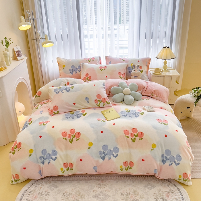 91家纺网 家纺一手货源 找家纺 印季家纺 2025新款加厚印花保暖牛奶绒四件套 少女梦