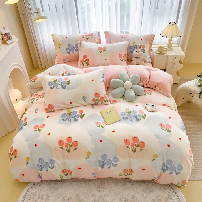 91家纺网 家纺一手货源 找家纺 印季家纺 2025新款加厚印花保暖牛奶绒四件套 少女梦