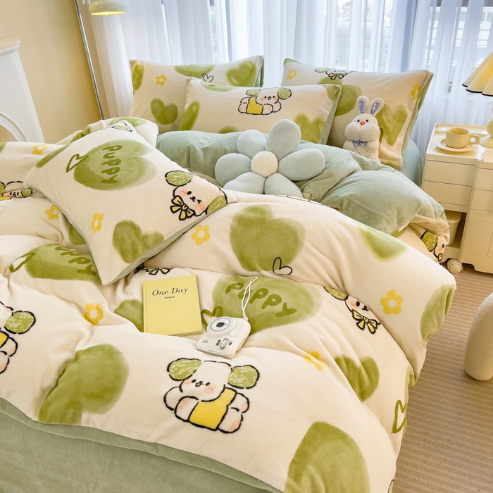 91家纺网 家纺一手货源 找家纺 印季家纺 2025新款加厚印花保暖牛奶绒四件套 小青梅