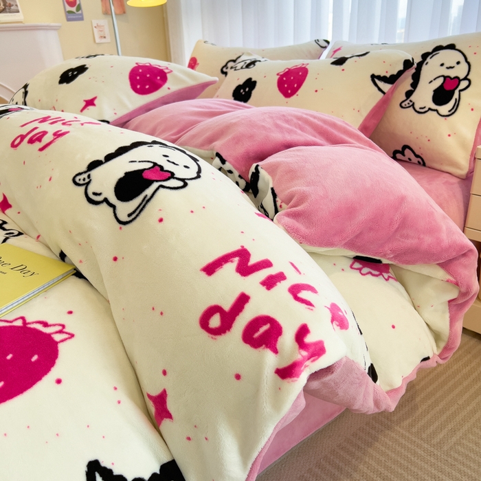 印季家纺 2025新款加厚印花保暖牛奶绒四件套 心动信号