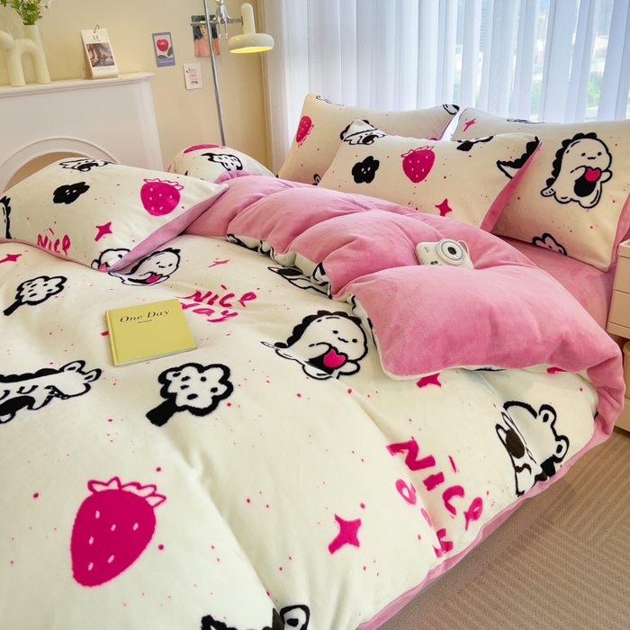 91家纺网 家纺一手货源 找家纺 印季家纺 2025新款加厚印花保暖牛奶绒四件套 心动信号