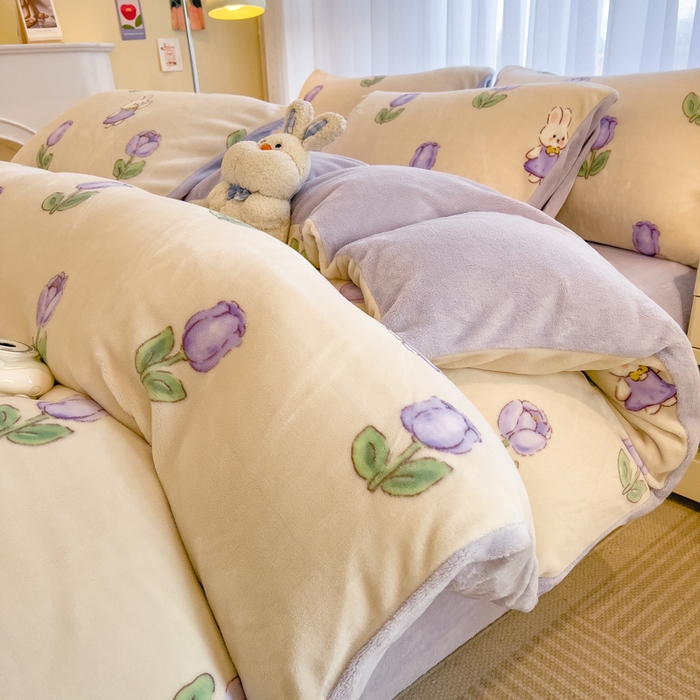 印季家纺 2025新款加厚印花保暖牛奶绒四件套 郁兔-紫