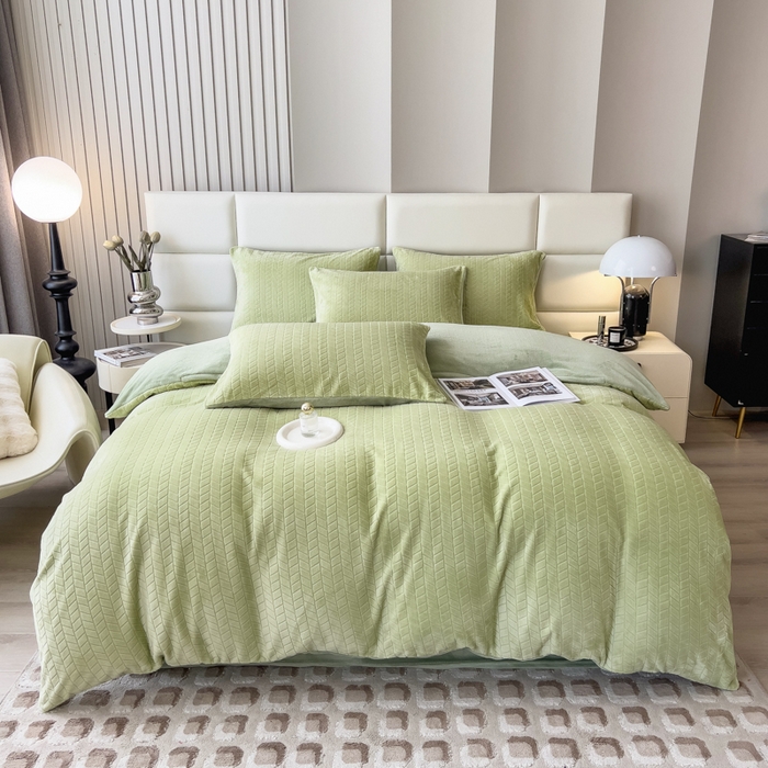 91家纺网 家纺一手货源 找家纺 印季家纺 2025新款立体剪花麦穗牛奶绒四件套 草绿