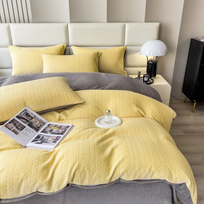 91家纺网 家纺一手货源 找家纺 印季家纺 2025新款立体剪花麦穗牛奶绒四件套 亮黄-灰