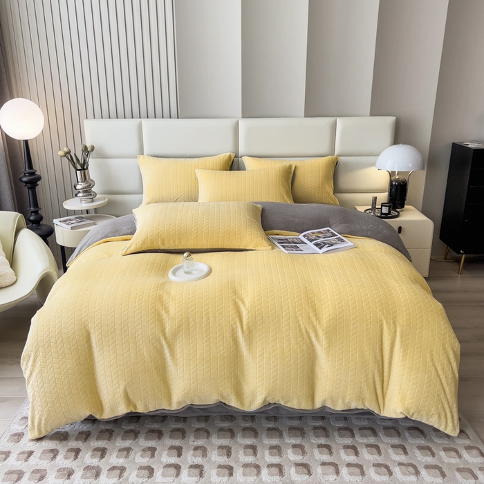 91家纺网 家纺一手货源 找家纺 印季家纺 2025新款立体剪花麦穗牛奶绒四件套 亮黄-灰