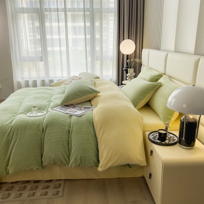 91家纺网 家纺一手货源 找家纺 印季家纺 2025新款立体剪花麦穗牛奶绒四件套 草绿-亮黄