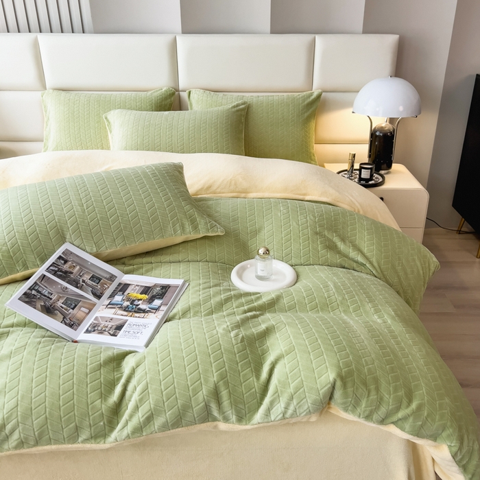 91家纺网 家纺一手货源 找家纺 印季家纺 2025新款立体剪花麦穗牛奶绒四件套 草绿-亮黄