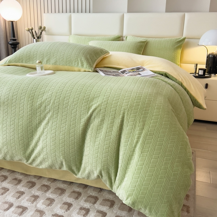 91家纺网 家纺一手货源 找家纺 印季家纺 2025新款立体剪花麦穗牛奶绒四件套 草绿-亮黄