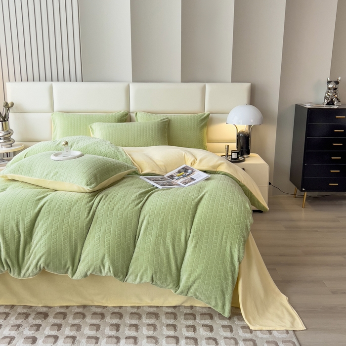 91家纺网 家纺一手货源 找家纺 印季家纺 2025新款立体剪花麦穗牛奶绒四件套 草绿-亮黄