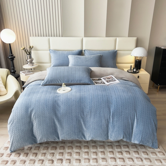 91家纺网 家纺一手货源 找家纺 印季家纺 2025新款立体剪花麦穗牛奶绒四件套 蓝灰-灰