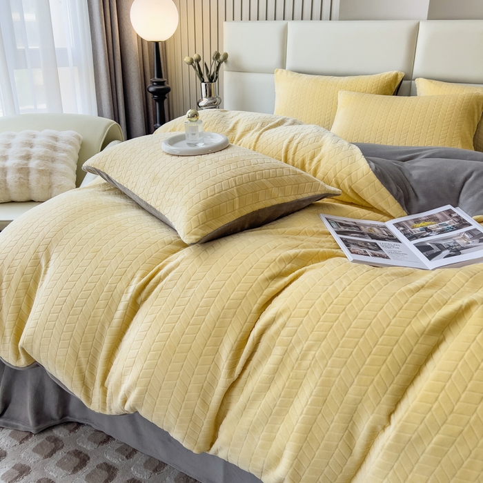 印季家纺 2025新款立体剪花麦穗牛奶绒四件套 亮黄-灰