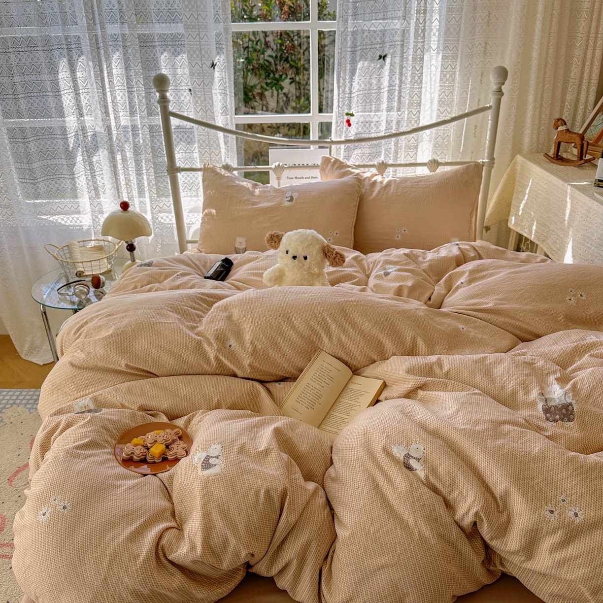 91家纺网 家纺一手货源 找家纺 优选 2025新款加厚爆款小布袋韩国古法水洗棉床单学生三件套床笠款四件套 爱丽丝