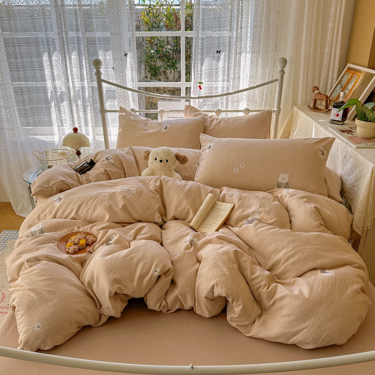 91家纺网 家纺一手货源 找家纺 优选 2025新款加厚爆款小布袋韩国古法水洗棉床单学生三件套床笠款四件套 爱丽丝