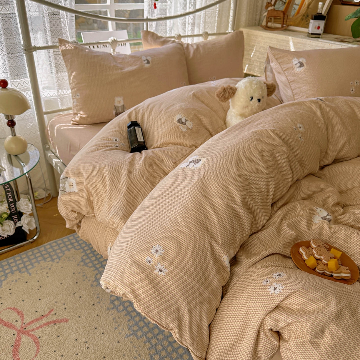 91家纺网 家纺一手货源 找家纺 优选 2025新款加厚爆款小布袋韩国古法水洗棉床单学生三件套床笠款四件套 爱丽丝