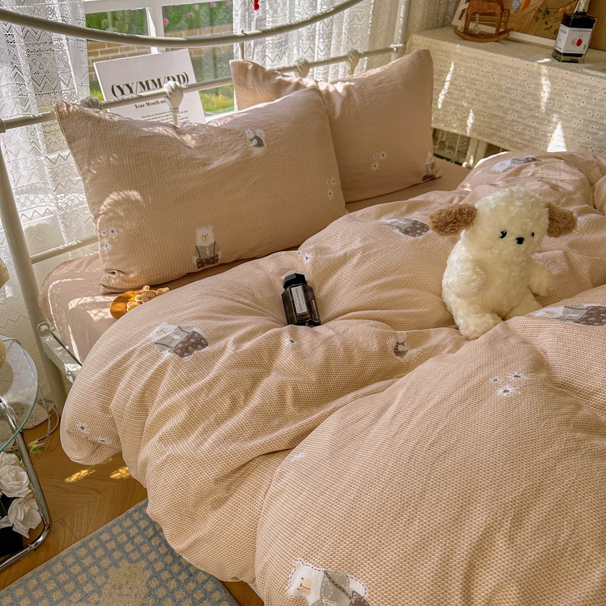 91家纺网 家纺一手货源 找家纺 优选 2025新款加厚爆款小布袋韩国古法水洗棉床单学生三件套床笠款四件套 爱丽丝