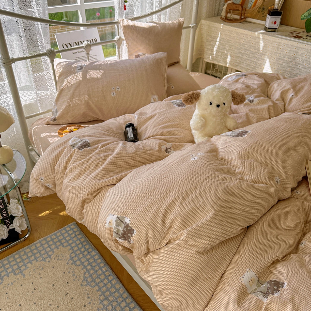 91家纺网 家纺一手货源 找家纺 优选 2025新款加厚爆款小布袋韩国古法水洗棉床单学生三件套床笠款四件套 爱丽丝