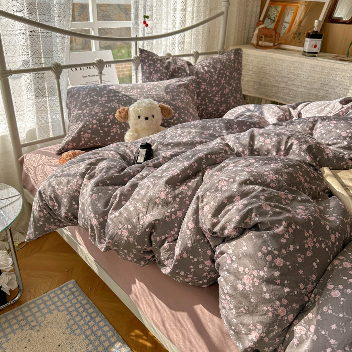 91家纺网 家纺一手货源 找家纺 优选 2025新款加厚爆款小布袋韩国古法水洗棉床单学生三件套床笠款四件套 豆蔻