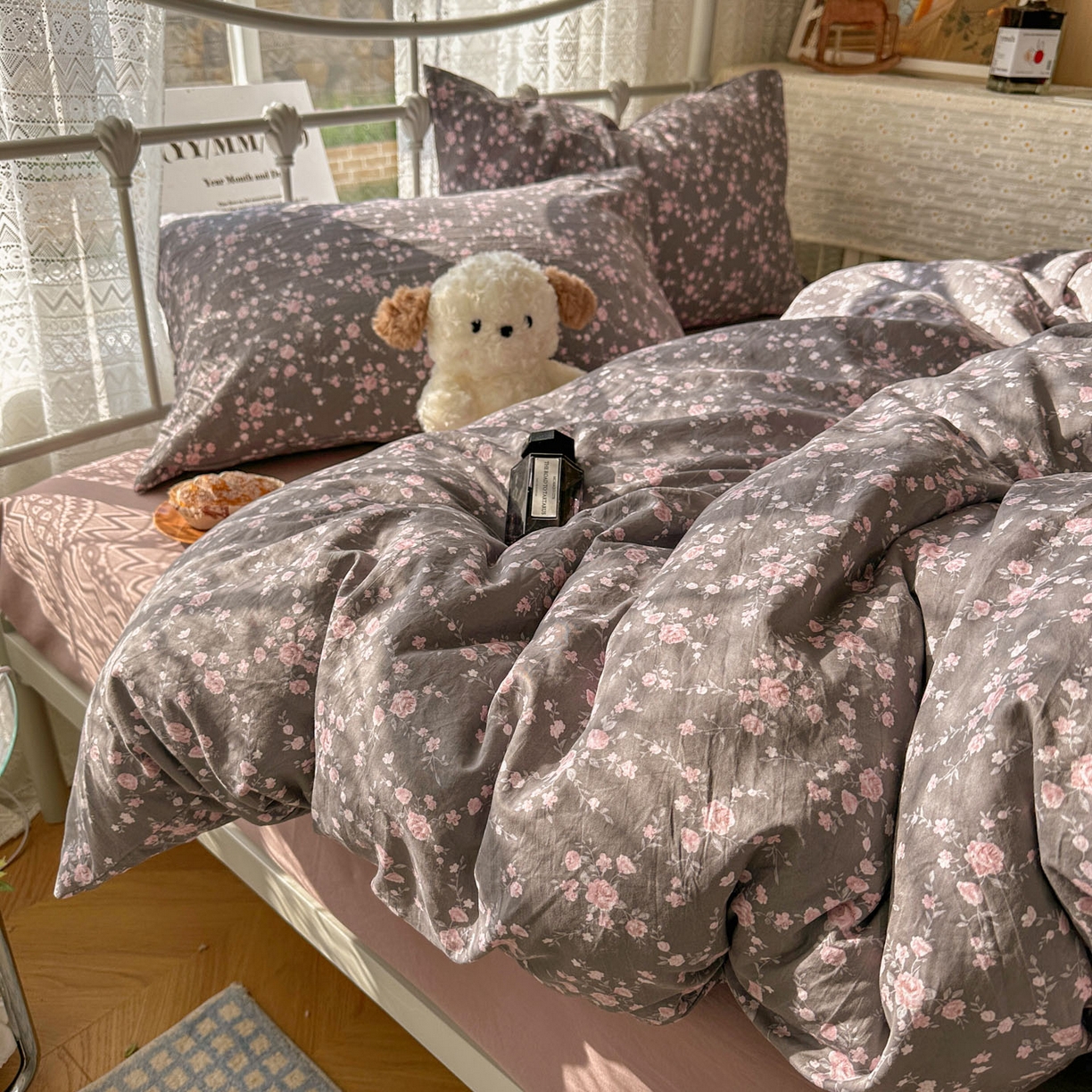 91家纺网 家纺一手货源 找家纺 优选 2025新款加厚爆款小布袋韩国古法水洗棉床单学生三件套床笠款四件套 豆蔻