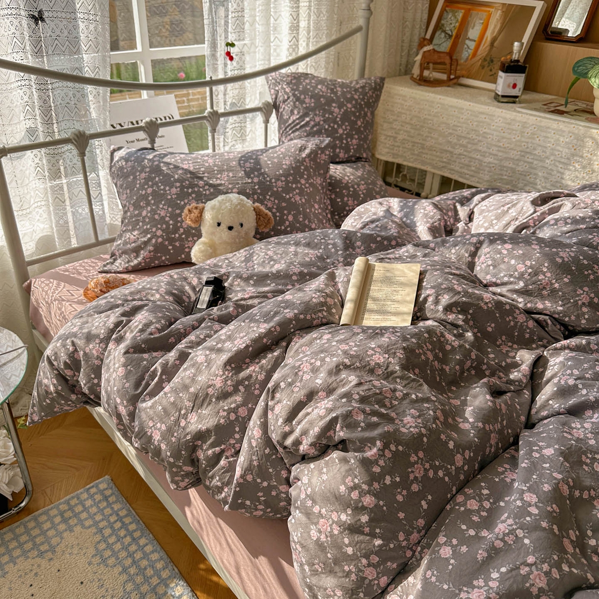 91家纺网 家纺一手货源 找家纺 优选 2025新款加厚爆款小布袋韩国古法水洗棉床单学生三件套床笠款四件套 豆蔻