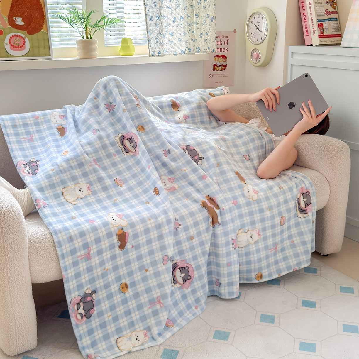 91家纺网 家纺一手货源 找家纺 沐芷 2025 A类牛奶绒毛毯印花盖毯毛毯午休毯卡通多功能沙发毯空调毯 提供买家秀（下载文件包，包含买家秀） 【绒】蓝色小窝